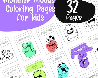 Moods for monsters Coloring Pages Bundle, moods Coloring Book, emotions Coloring Pages, Instant Download