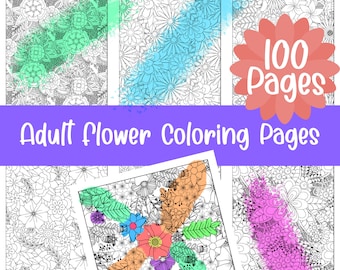 100 Pretty Floral Coloring Pages Bundle, Beautiful Flowers Coloring Book, Rose, Peony, Daisy, Tulips Flower Coloring Pages, Instant Download
