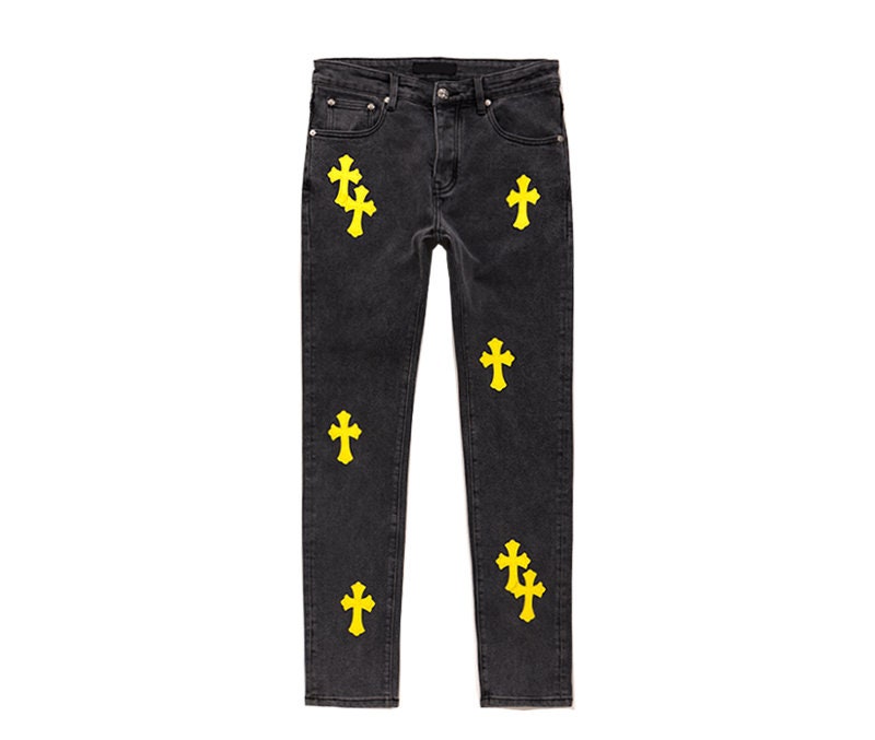 black jeans with yellow stripe