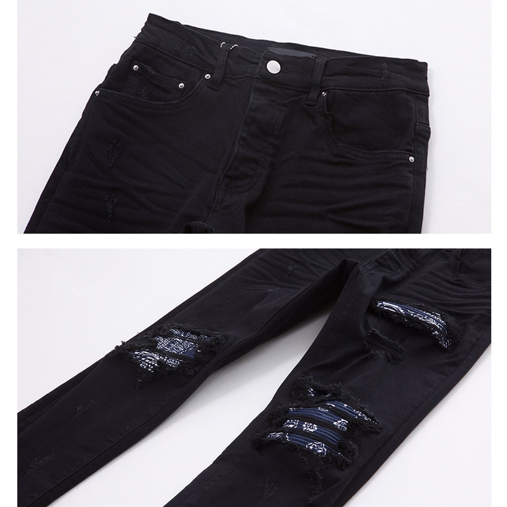 Custom Black Denim Jeans With Blue Bandana Patchwork Etsy