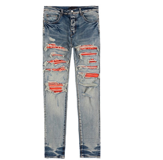 Custom Blue Denim Jeans With Orange 