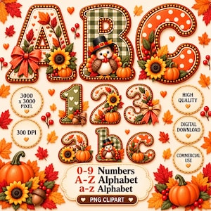 May include: A digital clipart set featuring autumn-themed letters and numbers decorated with sunflowers, pumpkins, and turkeys. The collection includes uppercase and lowercase letters, digits 0-9, and text labels like 3000 x 3000 PIXEL, 300 DPI, HIGH QUALITY, DIGITAL DOWNLOAD, COMMERCIAL USE, and PNG CLIPART.