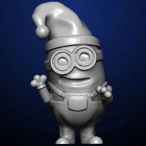 以下が含まれることがあります： サンタの帽子をかぶったミニオンのグレーの3Dプリントフィギュア。ミニオンは笑顔で腕を伸ばしています。