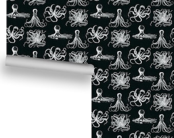 Vintage Octopus (White on Black) Removable Wallpaper