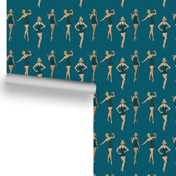Movie Stars Paper Dolls on Teal Stripes Wallpaper