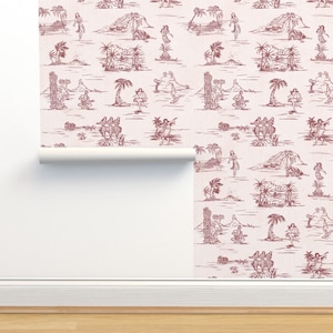 Vintage Hawaiian Paradise (Red on Textured Light Rose) Removable Wallpaper