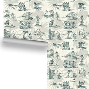 Vintage Hawaiian Paradise (Teal on Off-White with Palm Leaves) Removable Wallpaper