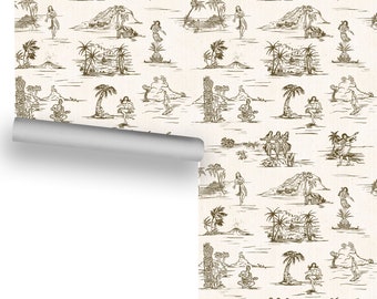 Vintage Hawaiian Paradise (Sepia on Off-White) Removable Wallpaper