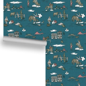 Vintage Cowboys and Cowgirls (Teal) Removable Wallpaper