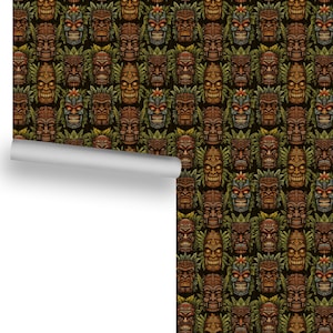 Wicked Tiki (Vintage Colors on Black, Medium Scale) Removable Wallpaper