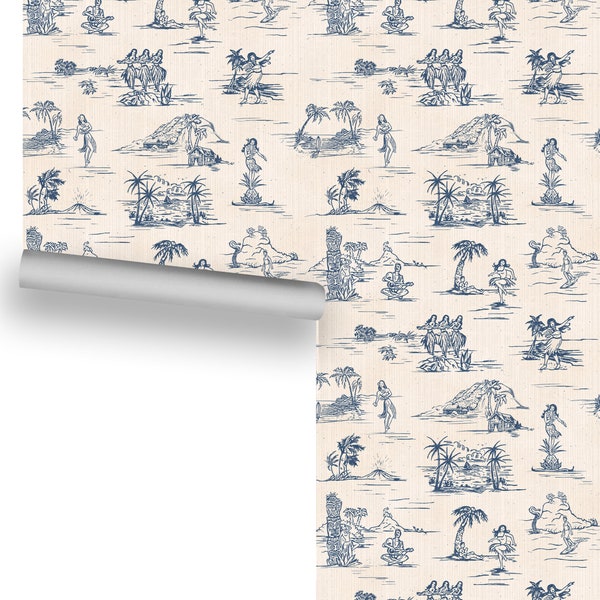 Vintage Hawaiian Paradise (Blue on Off-White) Removable Wallpaper