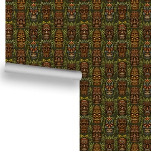 Wicked Tiki (Vintage Colors on Mossy Green, Medium Scale) Removable Wallpaper