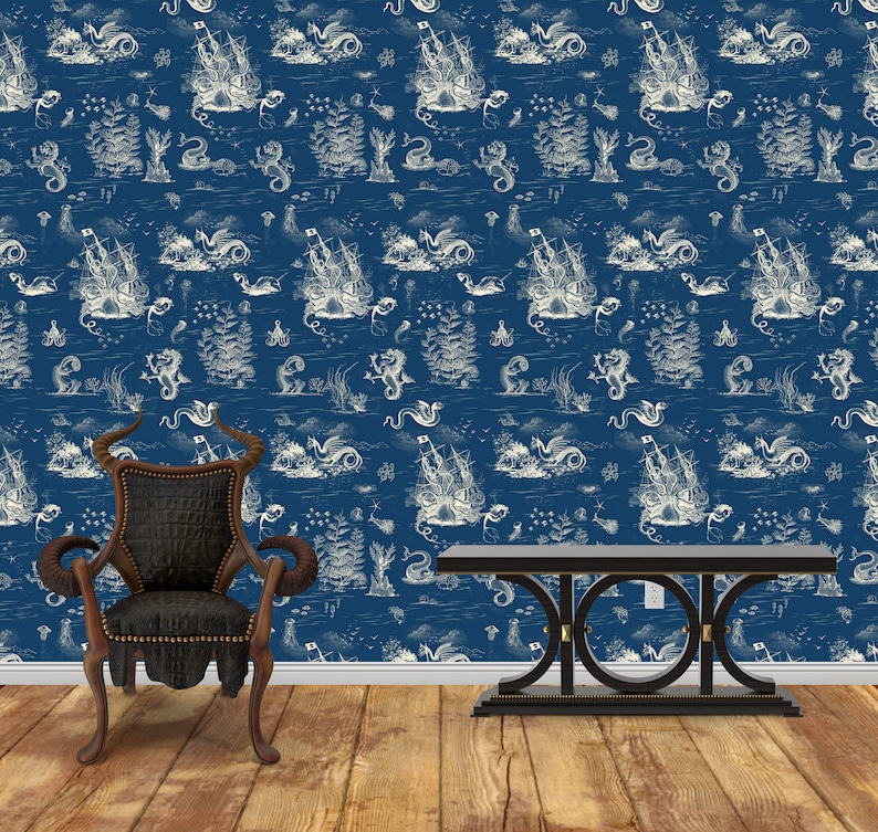 Toile De Mer off White on Dark Blue Removable Wallpaper Etsy