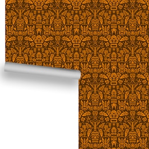 Tropical Tiki (Orange on Burnt Sugar, Medium Scale) Removable Wallpaper