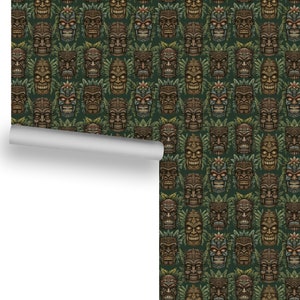 Wicked Tiki (Vintage Colors on Aged Green, Medium Scale) Removable Wallpaper