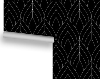 Art Deco Blossoms (Thin Lines - White on Black) Removable Wallpaper