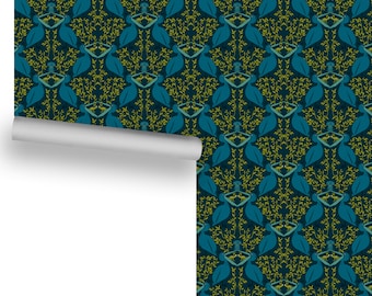 Birds and Frogs (Green and Teal on Dark Background) Removable Wallpaper