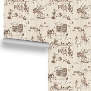 Vintage Cowboys and Cowgirls (Sepia on Wood Grain) Removable Wallpaper