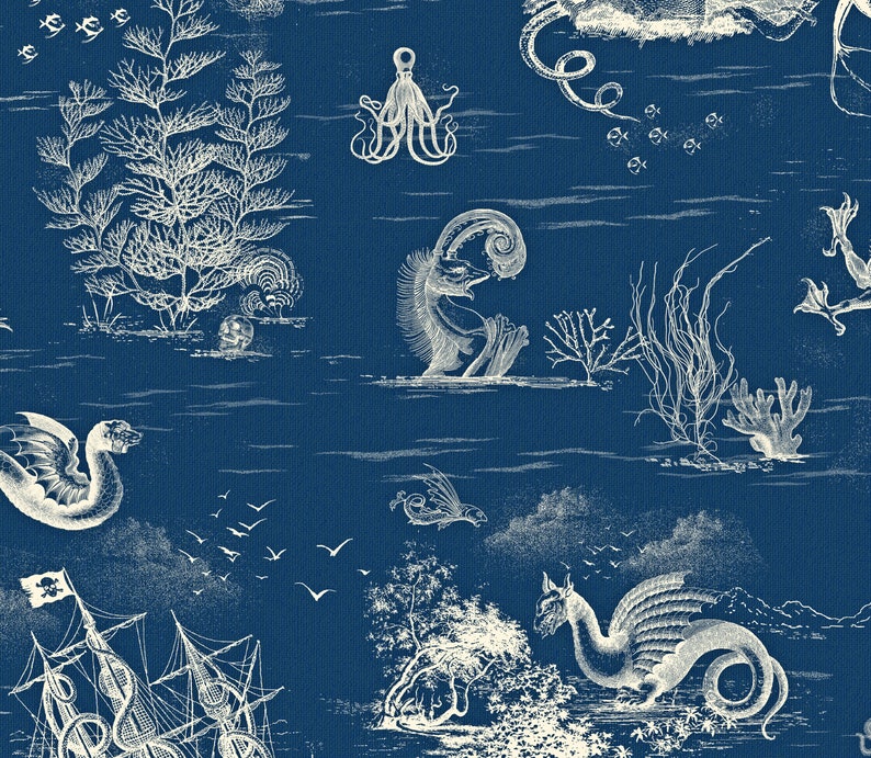 Toile De Mer off White on Dark Blue Removable Wallpaper Etsy