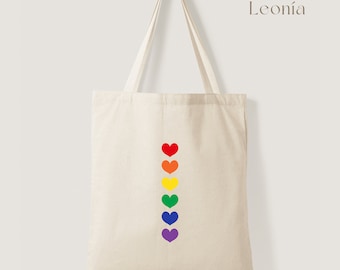 Borsa in iuta dipinta a mano, borsa in tessuto, borse in cotone sostenibile, borse in tessuto ecocompatibili, borsa tote, "Rainbow Hearts"