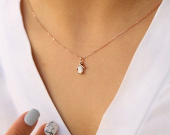 14k Solid Rose Gold Penguin Necklace, Nautical Beach Cruise Ocean Sea Pendant, Gold Choker Necklace, Opal Gemstone Necklace