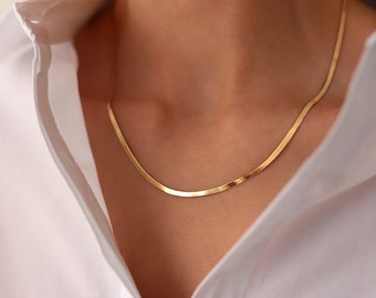 3mm Solid Gold Herringbone Chain Necklace Real 14k Gold Herringbone Necklace Chain Snake Layered Necklace