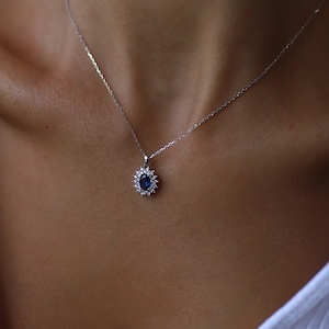 London Blue Topaz Necklace 14k Real White Gold CZ Diamonds Oval Blue Topaz Necklace, December Birthstone Necklace