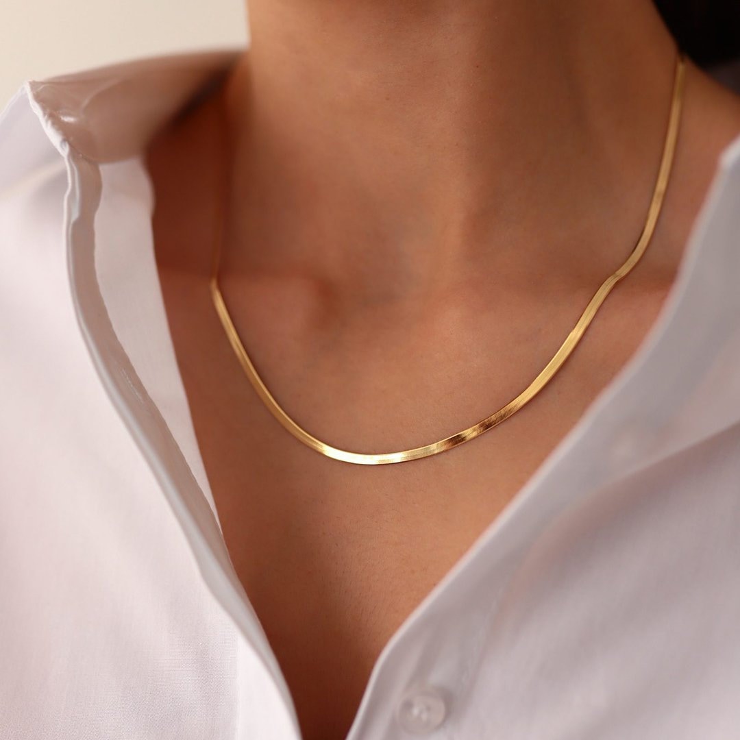 3mm Herringbone Chain Necklace Solid 14k Yellow Gold High