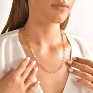 14k Real Yellow Gold Paper Clip Chain Necklace 4mm Gold Italian Paperclip Necklace Chain