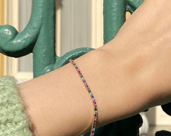 Tennis Bracelet Solid 14k Yellow Gold Rainbow Sapphire Tennis Bracelet 2.1mm Gold Multi Color Prong Set Tennis Bracelet