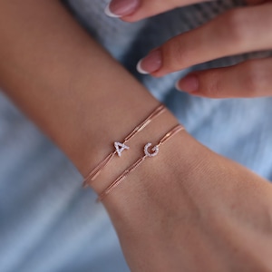 Pulsera personalizada con inicial de circonita cúbica en oro rosa auténtico macizo de 14 k, joyería minimalista delicada y personalizada