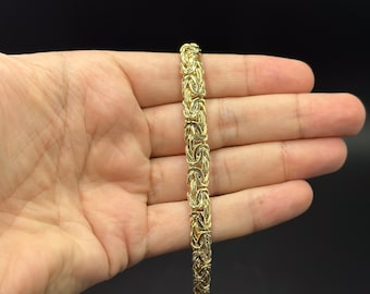 Pulsera bizantina de oro de 6 mm a 9 mm. Pulsera bizantina de oro amarillo auténtico de 14 quilates, pulsera bizantina plana de oro.