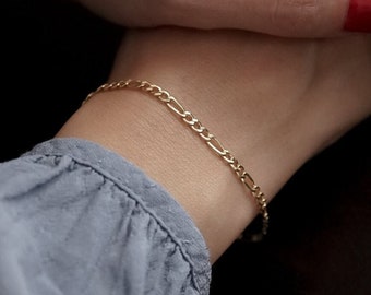 3 mm guld Figaro-kedjearmband Äkta 14k gult guld Figaro-länkarmband