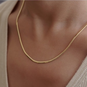 Solid 14K Yellow Gold Snake Chain Necklace 2.5mm Real Gold Flat Snake Necklace Chain Herringbone, Layered Necklace
