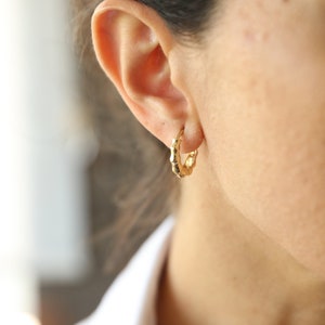 Shiny 14k Yellow Gold Bamboo Hoop Earrings, 4mm X 18mm,  Light Weight Tube Circle For Women, Fine Minimalist Jewelry