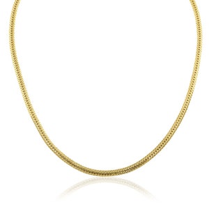 May include: A gold chain necklace with a snake chain design.