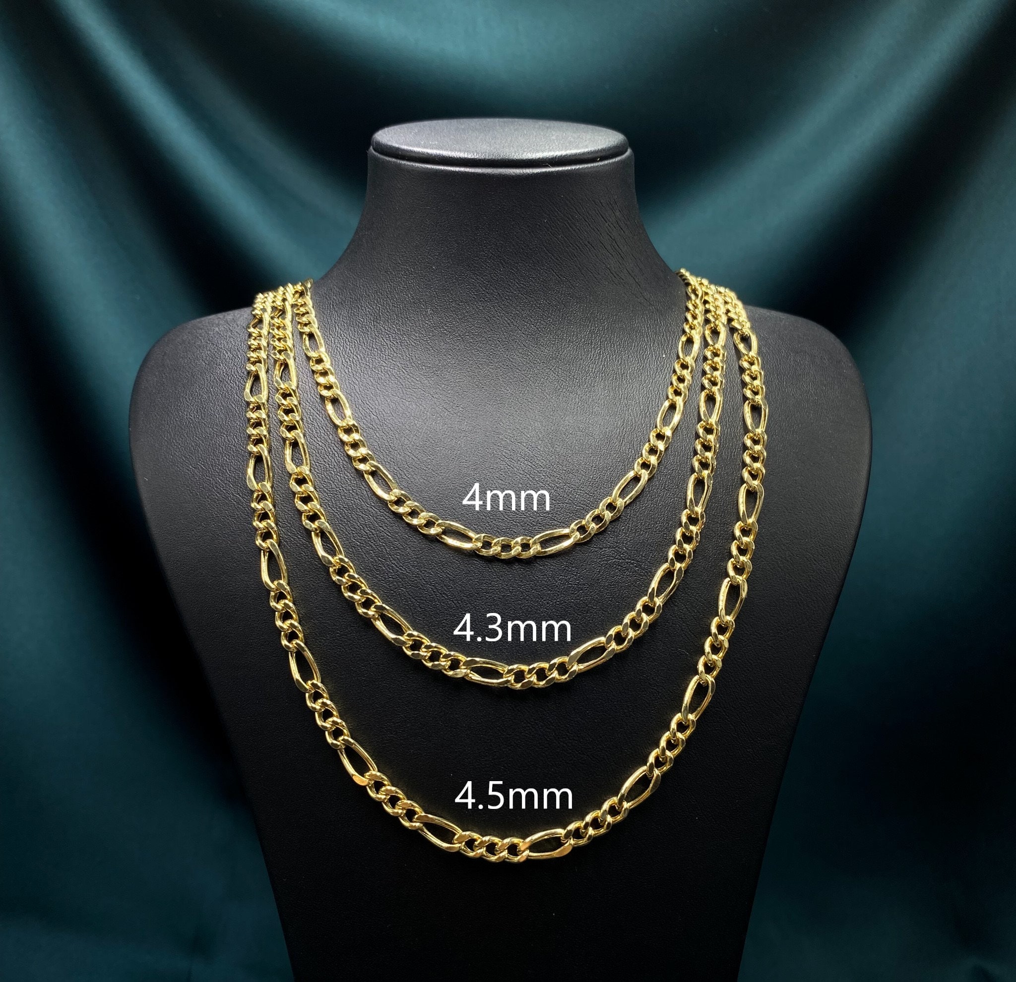 Solid 14k Gold Figaro Chain Necklace, 4.5mm 4.3mm 4mm Yellow Gold 