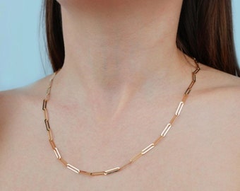 Solid 14k Gold Paperclip Chain Necklace 3.2mm Yellow Gold Italian Paper Clip Chain Necklace, Layered Unisex Necklace