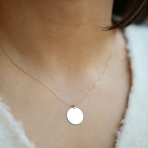 14K Solid Custom Engraved Disk Necklace, 15mm Personalized Dainty Solid Gold Charm Pendant, Custom Name Necklace