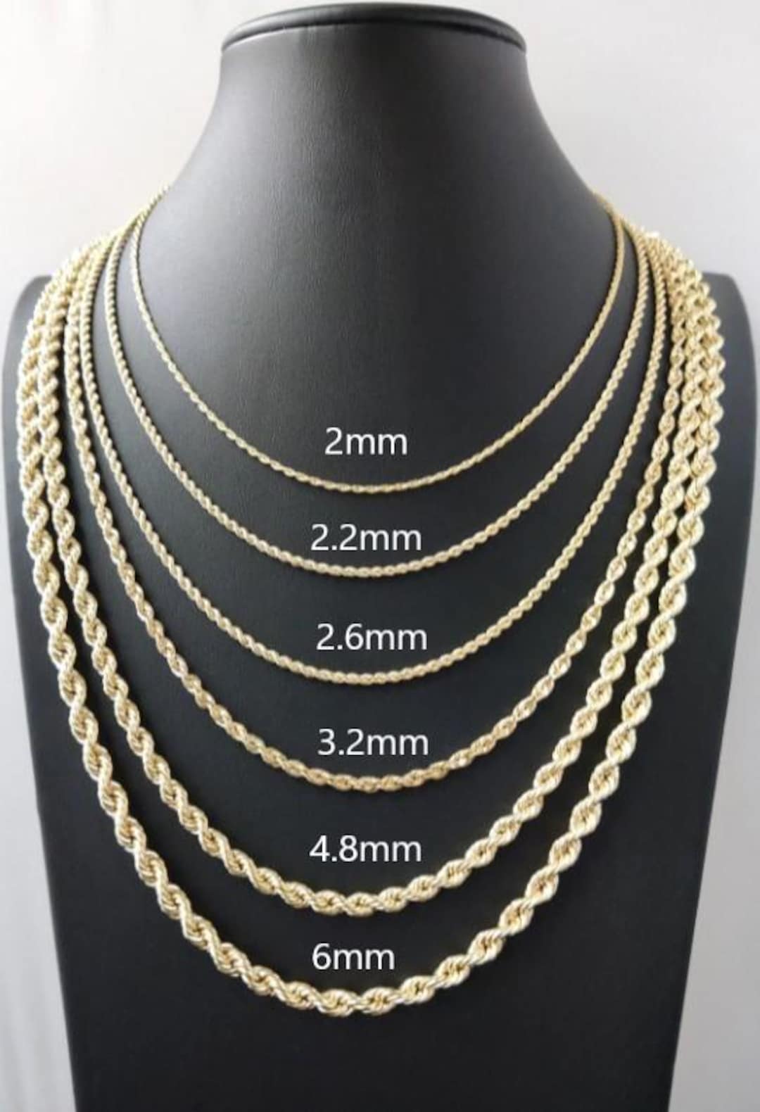 14K ゴールド ロープ チェーン ネックレス 2.2 mm 2.8 mm 3.3 mm