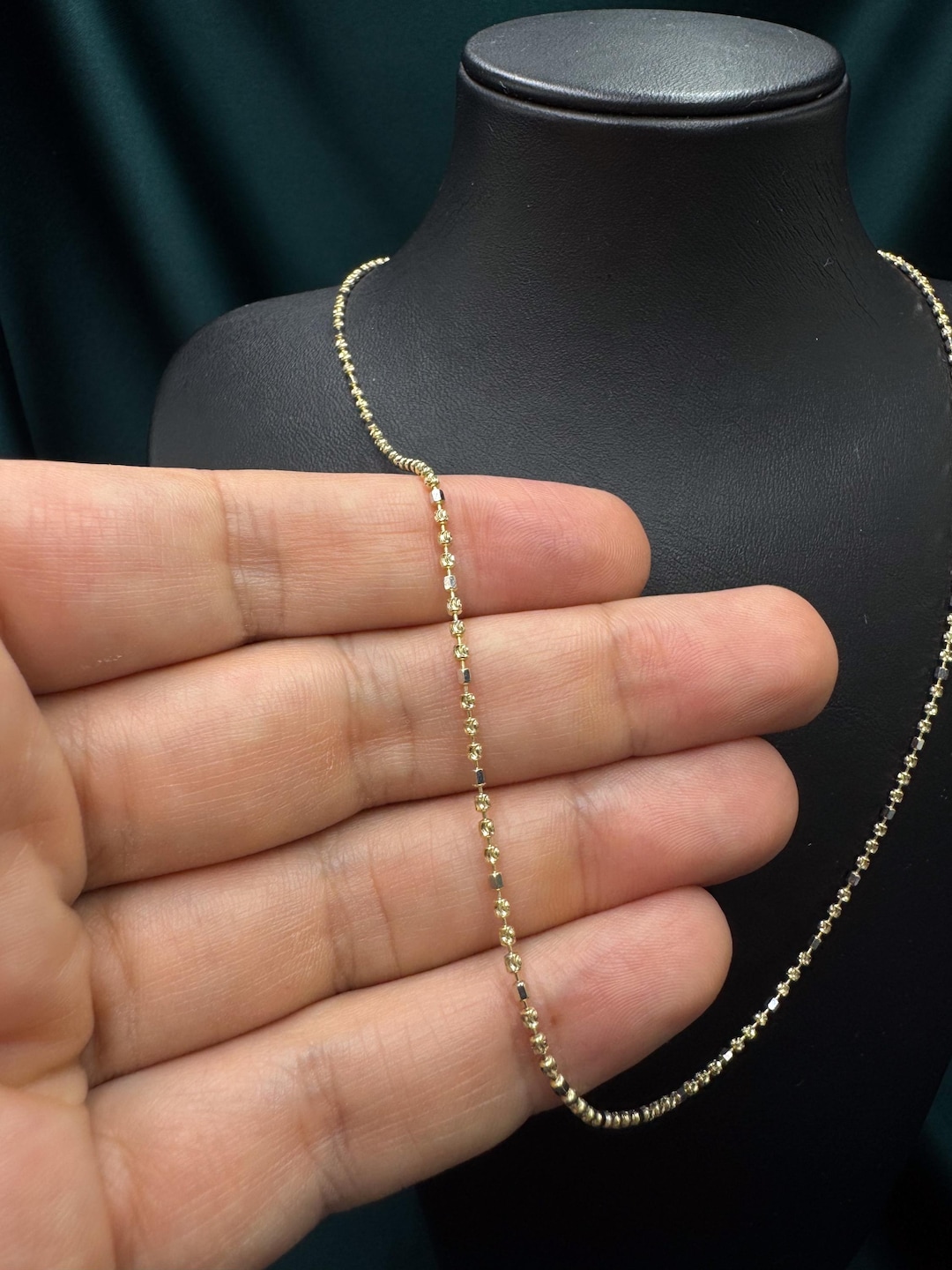 14Kソリッドゴールドダイヤモンドカットバービーズボールチェーン1.6mm