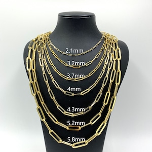 Real 14k Gold Paper Clip Link Chain Necklace 2mm 3.2mm 4mm 5.2mm 5.8mm Real Gold Italian Paperclip Chain Necklace