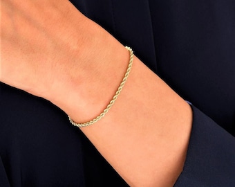 14k Real Yellow Gold Rope Chain Bracelet 2.2mm Twisted Rope Bracelet, Layering Bracelet