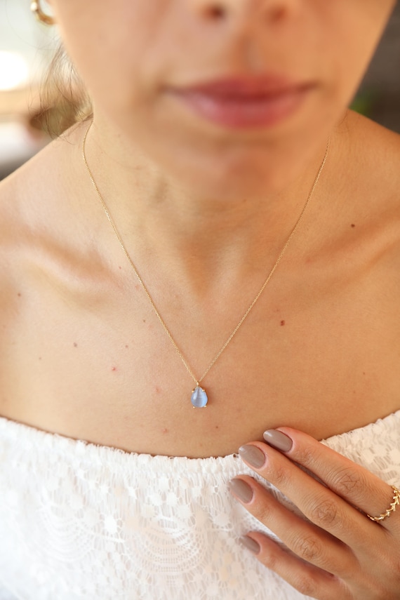 14k Solid Yellow Gold Blue Topaz Necklace, Drop Cut Natural Gemstone December Birthstone Dainty Pendant, Fine Minimalist Jewelry