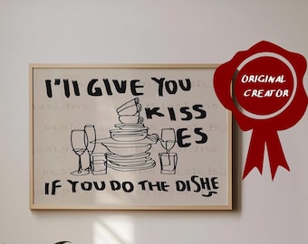 I'll give you kisses if you do the dishes Horizontal | Kitchen art | Wash the dishes Poster | Mid Century Print | Minimalistic Typography