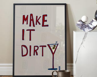 Make it Dirty poster | Hand Drawn Martini Print | Retro Mid Century Bar Cart Art
