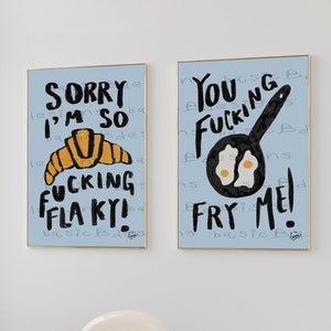 Kitchen food print | Croissant poster | Fried egg art| Dining room posters| Humerous prints| Funny art |Digital download available