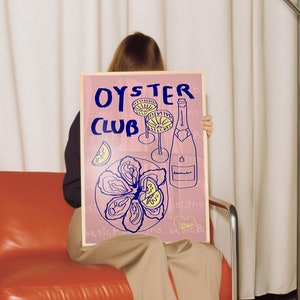Oyster Club and Champagne print| Kitchen wall art | Oyster print | Food print | Bright neon art  | Digital download
