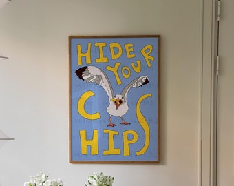 Seagull print | Hide your Chips poster | Seaside Style Art | Digital download available