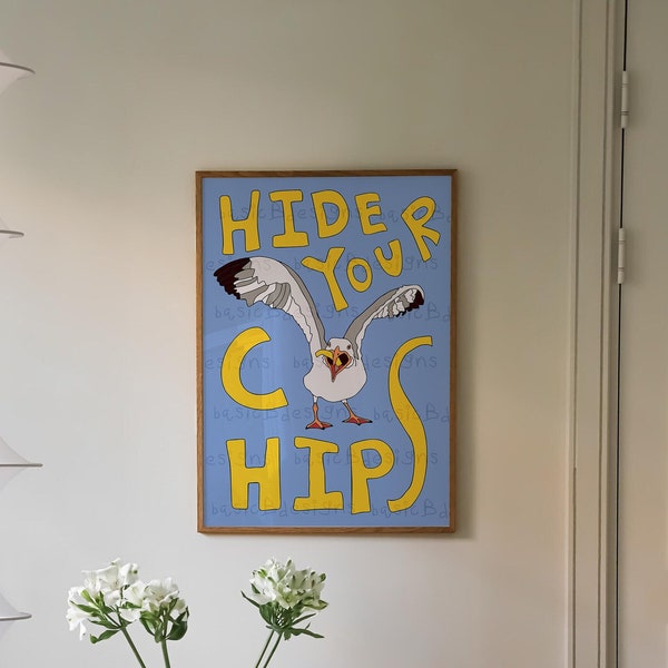 Seagull print | Hide your Chips poster | Seaside Style Art | Digital download available